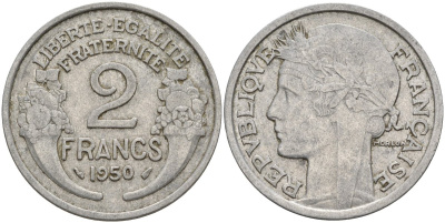 Франция 2 франка 1950 KM 886a, Le Franc 269.10 алюминий 4144-343