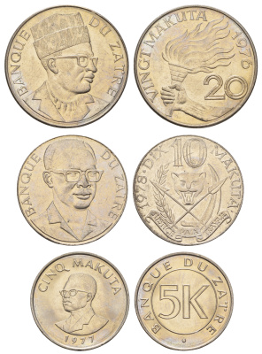 Заир лот из 3 монет 1976-1978 (5, 10 и 20 макута) KM 7, 8, 12 медно-никель UNC 650-1811