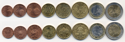 Австрия евронабор из 8 монет 2002 1, 2, 5, 10, 20, 50 евроцентов, 1 и 2 евро KM 210, 211, 212, 247, 248, 249, 250, 251 UNC 4691-1121-1127