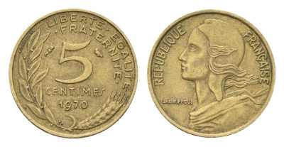 Франция 5 сантимов 1970 KM 933 алюминиевая бронза 4702-1232