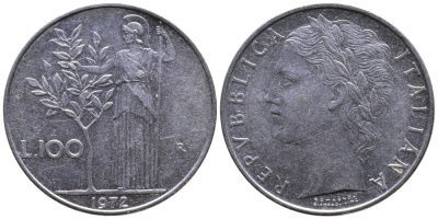 ИТАЛИЯ 100 ЛИР 1972 R, АФИНА KM 96.1 нержавеющая сталь 3334-943