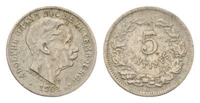 Люксембург 5 сантимов 1901 Адольф (1890-1905) KM 24 медно-никель 4625-763