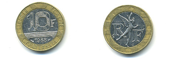 Франция 10 франков 1990 тип Гений Бастилии KM 964.1, Le Frank 375.5 биметалл 80-653