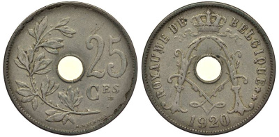БЕЛЬГИЯ 25 САНТИМОВ 1920 BELGIQUE, АЛЬБЕРТ I (1909-1934) KM 68.1 медно-никель 27-921