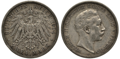 Пруссия 2 марки 1904 A, Вильгельм II (1888-1918) J.102, Weege 101, KM 522 серебро 3711-732