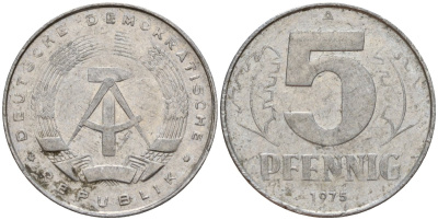 ГДР 5 пфеннигов 1975 A KM 9.1 алюминий 218-1057