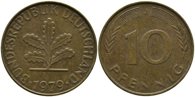 ФРГ 10 ПФЕННИГОВ 1979 J KM 108, J.383 сталь плакированная латунью 33-137
