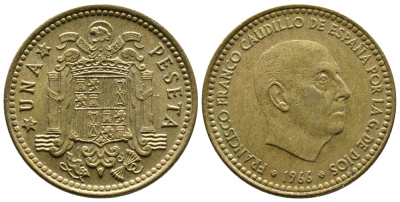 Испания 1 песета 1966 (75) Франциско Франко (1939-1975) КМ 796 алюминиевая бронза 4110-1425