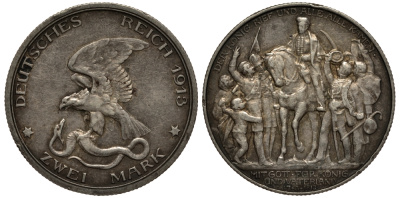 Пруссия 2 марки 1913 A, Вильгельм II (1888-1918), 100 лет победы над Наполеоном J.109, Weege 109, KM 532 серебро 3711-942