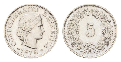 Швейцария 5 раппенов 1978 KM 26 медно-никель UNC 4705-1267