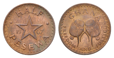 Гана 1/2 пенни 1967 год-тип KM 12 бронза UNC 4649-341