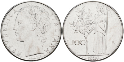 Италия 100 лир 1980 R, Афина KM 96.1 нержавеющая сталь 4117-342