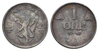 Норвегия 1 эре 1943 Хокон VII (1905-1957) KM 387 железо 4701-542