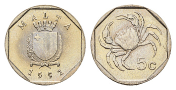 Мальта 5 центов 1991 краб KM 95 медно-никель UNC 4689-1146