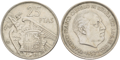 ИСПАНИЯ 25 ПЕСЕТ 1957 (66) ФРАНСИСКО ФРАНКО ДИКТАТОР ИСПАНИИ ( 1939- 1975) KM 787 медно-никель 216-656