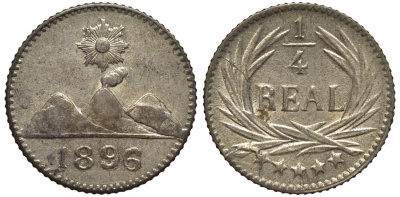 Гватемала 1/4 реала 1896 5 звезд, Испанское правление KM 162 серебро 66-552