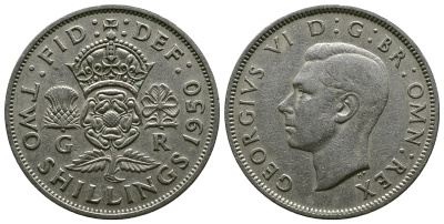 Великобритания 2 шиллинга (флорин) 1950 Георг VI (1936-1952) KM 878, Spink 4107 медно-никель 4381-1244