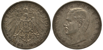 Бавария 3 марки 1908 Отто (1886-1913) Weege 45, J. 47, KM 515 серебро 3711-1842
