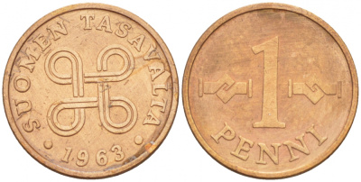 Финляндия 1 пенни 1963 первый год KM 44 медь 4547-1023