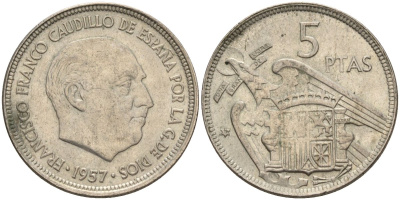 Испания 5 песет 1957 (59) Франсиско Франко (1939 - 1975) KM 786 медно-никель 4155-532