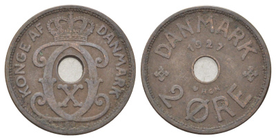 Дания 2 эре 1927 NCH, Кристиан X (1912-1947) KM 827 бронза 4701-634