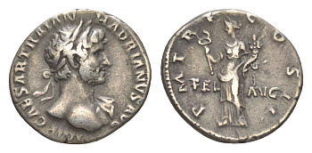 Римская Империя денарий 118 Адриан, IMP CAESAR TRAIAN HADRIANVS AVG, бюст императора/PM TR P COS II FEL AVG, Фелицитата с кадуцием и рогом изобилия, Рим RIC 121 серебро 1073-4-62