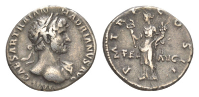 Римская Империя денарий 118 Адриан, IMP CAESAR TRAIAN HADRIANVS AVG, бюст императора/PM TR P COS II FEL AVG, Фелицитата с кадуцием и рогом изобилия, Рим RIC 121 серебро 1073-4-62