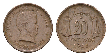 Чили 20 сентаво 1951 KM 177 медь 4689-137