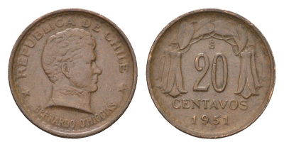 Чили 20 сентаво 1951 KM 177 медь 4689-137
