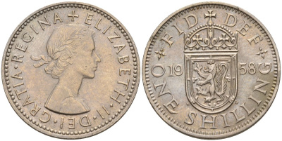 Великобритания 1 шиллинг 1958 Елизавета II (1952-2022), Шотландский герб KM 905, Spink 4148 медно-никель 4153-933