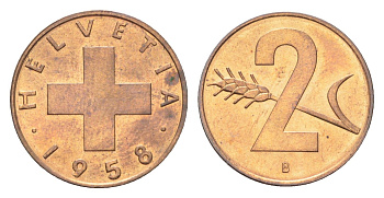 Швейцария 2 раппена 1958 B KM 47 бронза UNC 4705-1169