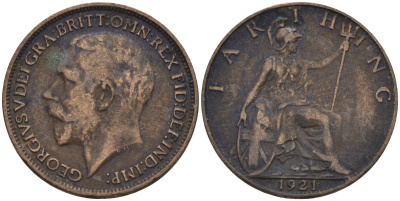 Великобритания 1 фартинг 1921 Георг V (1910-1936), светлая отделка KM 808.2, Spink 4060 бронза 4596-948