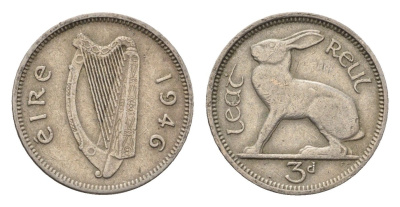 Ирландия 3 пенса 1946 заяц KM 12a медно-никель 46-2538