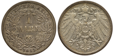 Германия 1 марка 1893 F, цена по каталогу MT 75 евро Weege 18, J. 17, KM 14 серебро aUNC 413-5411