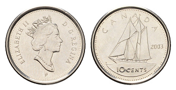 Канада 10 центов 2003 P, Елизавета II (1952-2022), парусник KM 183b сталь плакированная никелем UNC 4689-621