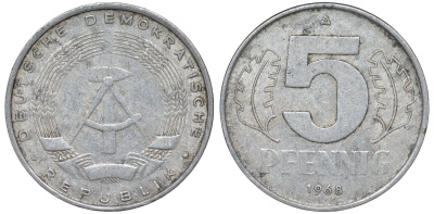 ГДР 5 пфеннигов 1968 A KM 9.1 алюминий 62-222