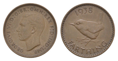 Великобритания 1 фартинг 1938 Георг VI (1936-1952) KM 843, Spink 4116 бронза 4630-1216