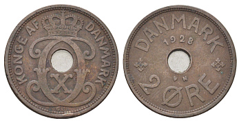 Дания 2 эре 1928 N, Кристиан X (1912-1947) KM 827 бронза 4701-661