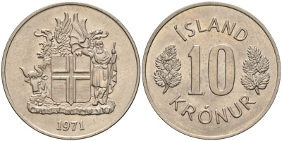 Исландия 10 крон 1971 KM 15 медно-никель UNC 4606-653