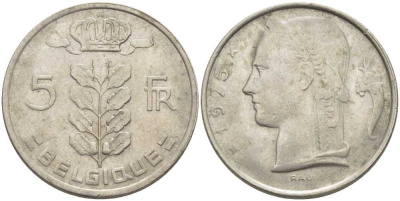 БЕЛЬГИЯ 5 ФРАНКОВ 1975 BELGIQUE, БОДУЭН I (1951-1993) KM 134.1 медно-никель 119-736
