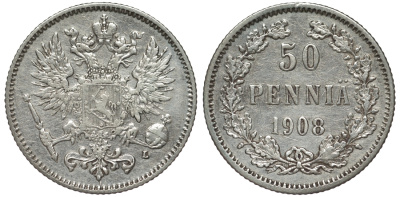 Россия для Финляндии 50 пенни 1908 L, Николай II (1894-1917) КМ 2.2, Биткин 403 серебро 75-835