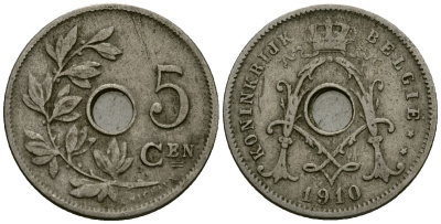 Бельгия 5 сантимов 1910 Belgie KM 67 медно-никель 4173-167