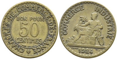 ФРАНЦИЯ 50 САНТИМОВ 1924 KM 834 алюминиевая бронза 4392-738