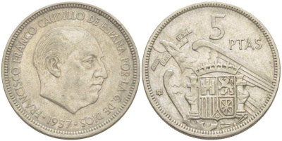 ИСПАНИЯ 5 ПЕСЕТ 1957 (72) ФРАНСИСКО ФРАНКО ДИКТАТОР ИСПАНИИ (1939-1975) KM 786 медно-никель 210-1123