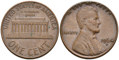 США 1 цент 1964 D, Линкольн KM 201 медь цинк 4564-438