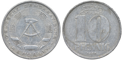 ГДР 10 пфеннигов 1968 A KM 10 алюминий 62-814