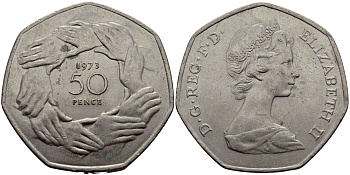 Великобритания 50 пенсов 1973 Елизавета II (1952-2022), вступление в Европейское экономическое сообщество KM 918, Spink 4224 медно-никель 4680-911