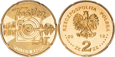 Польша 2 злотых 2012 MW, 50 лет радио "тройка" KM 816 нордик UNC 4513-937