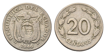 Эквадор 20 сентаво 1946 год-тип KM 77.1b медно-никель 4697-358