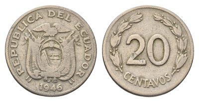 Эквадор 20 сентаво 1946 год-тип KM 77.1b медно-никель 4697-358